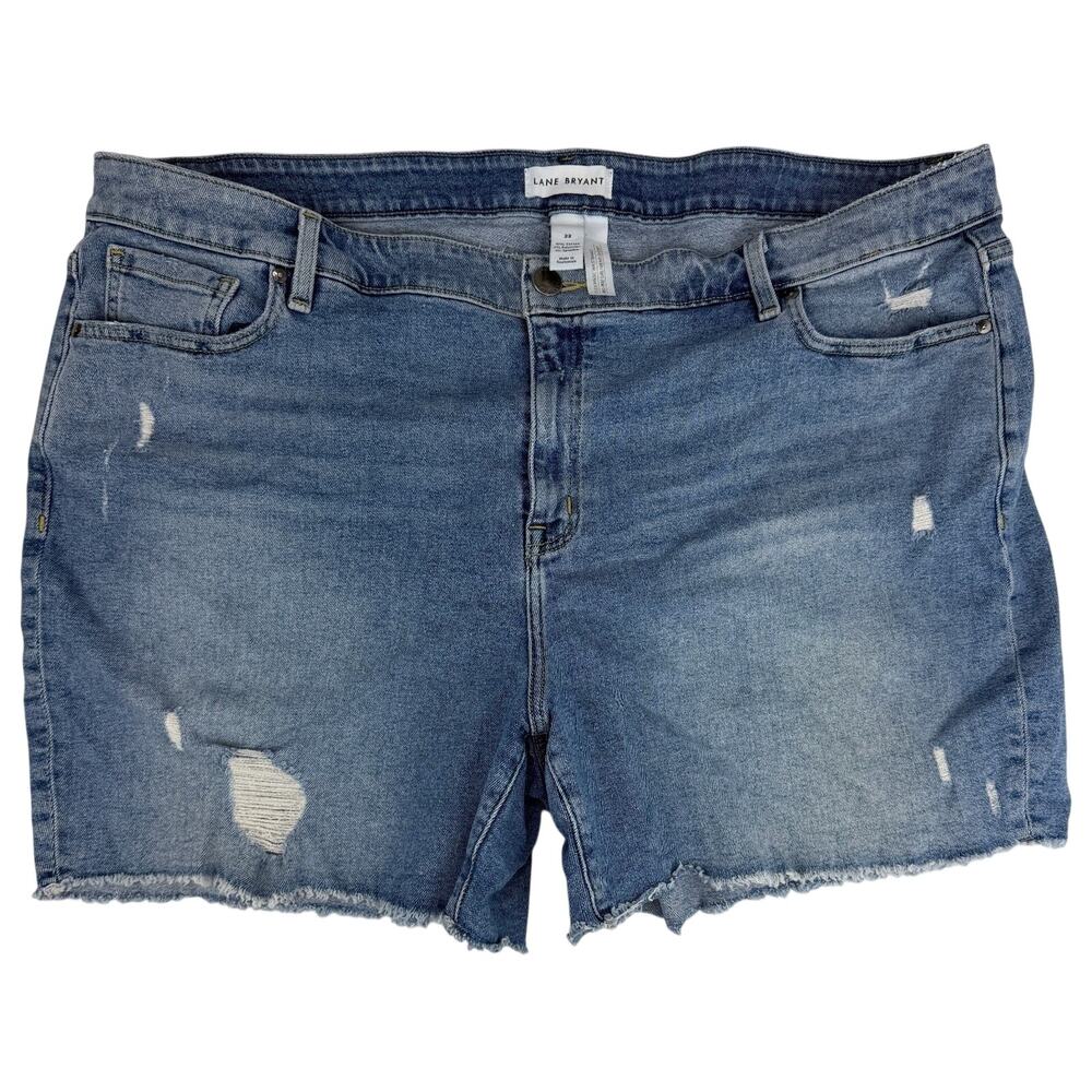 Lane Bryant Mid Rise Girlfriend Shorts Blue Denim Distressed Raw Hem Mens 22